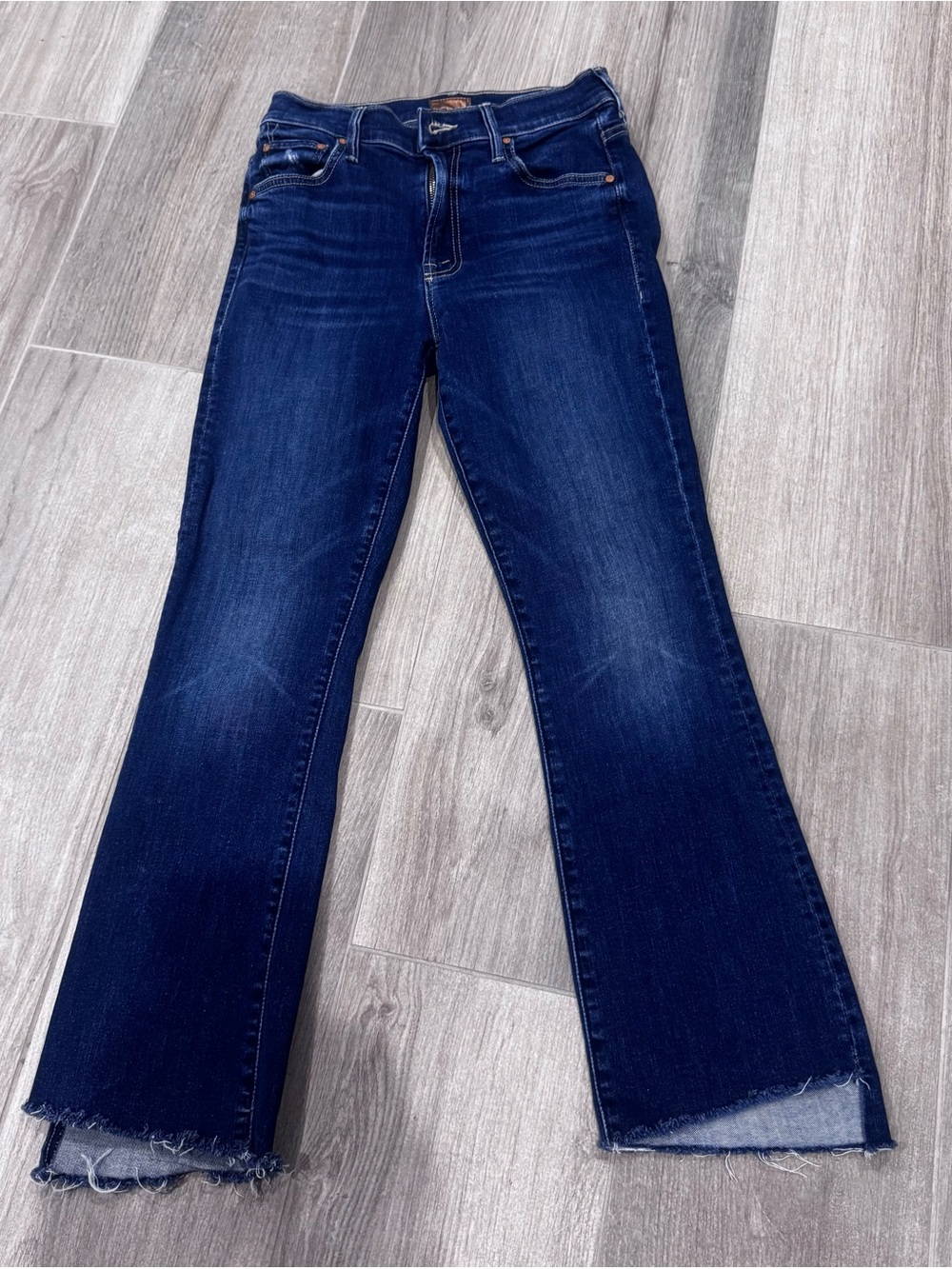MOTHER Dark Blue Flare Jeans with Frayed Hem